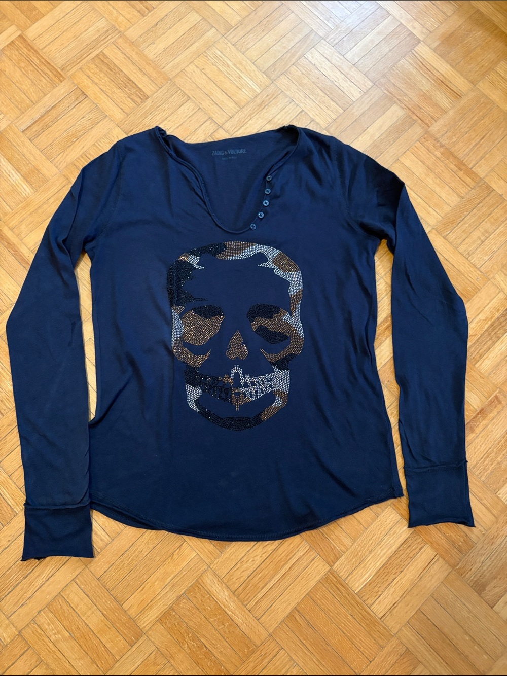 Zadig & Voltaire Navy  blue. Long-Sleeve Skull Tee with Rhinestone Detail
